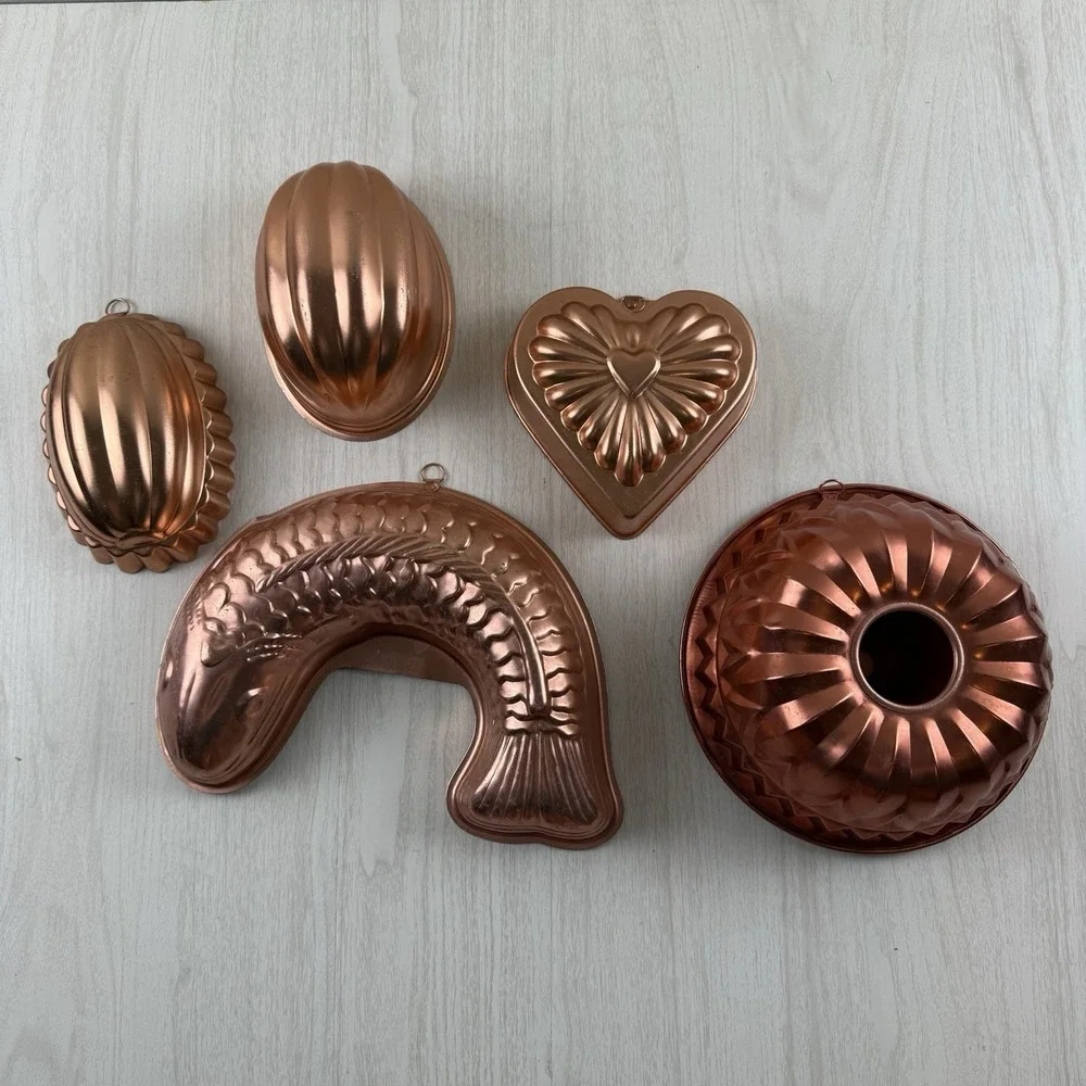 5 Vtg Copper Aluminum Jello Cake Molds Wall Hanging Heart Fish Bunt Oval Melon